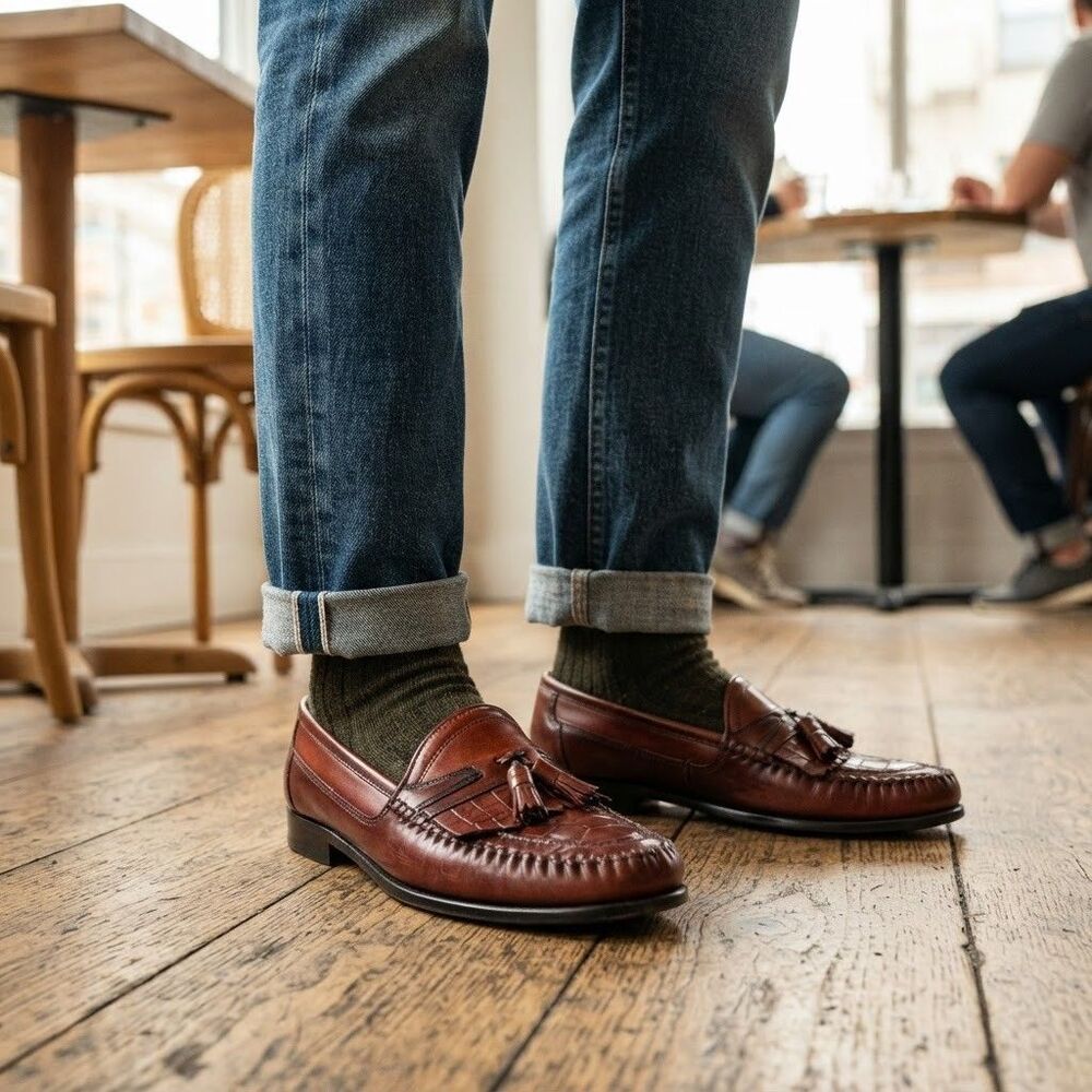 Giorgio Brutini Loafers Mens Size 9 Brown Leather Shoes Woven Vamp Kiltie Tassel